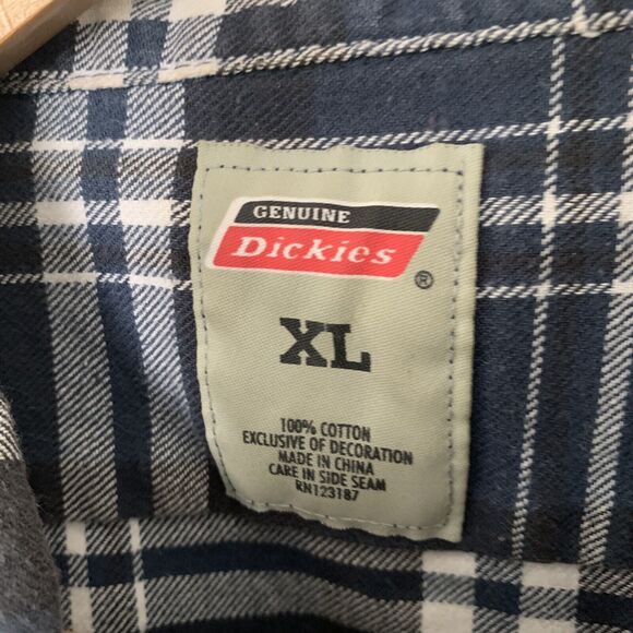 DICKIES Mens XL Blue Plaid Heavy Cotton Twill Utility Shirt Short Sleeve Pockets - Picture 2 of 5
